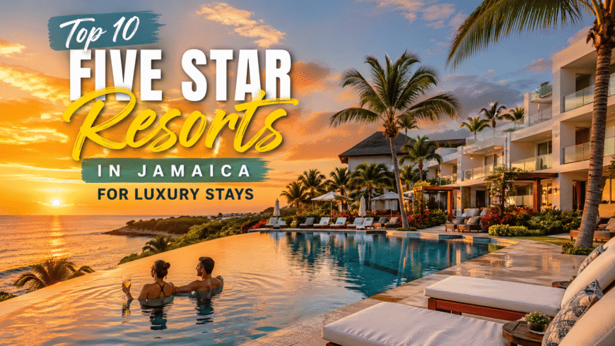 Luxury beachfront resort in Jamaica with infinity pool, ocean view, palm trees, and travelers enjoying a five star tropical vacation experience at sunset.