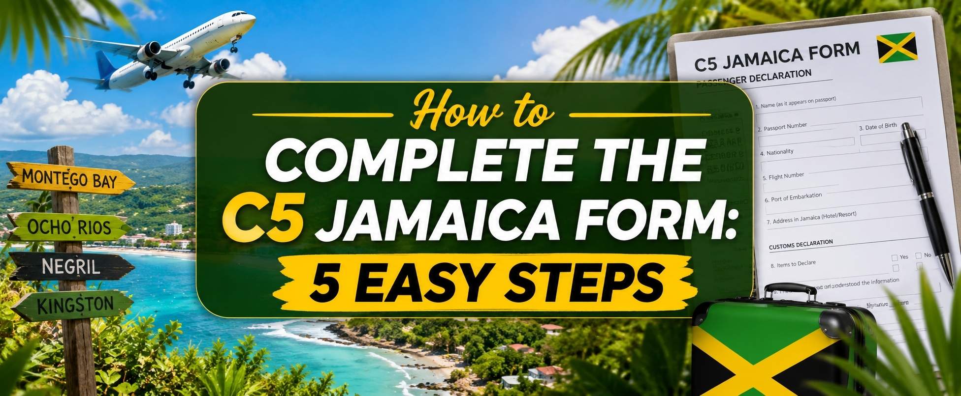 Guide image explaining how to complete the C5 Jamaica form in 5 simple steps for travelers arriving in Jamaica.