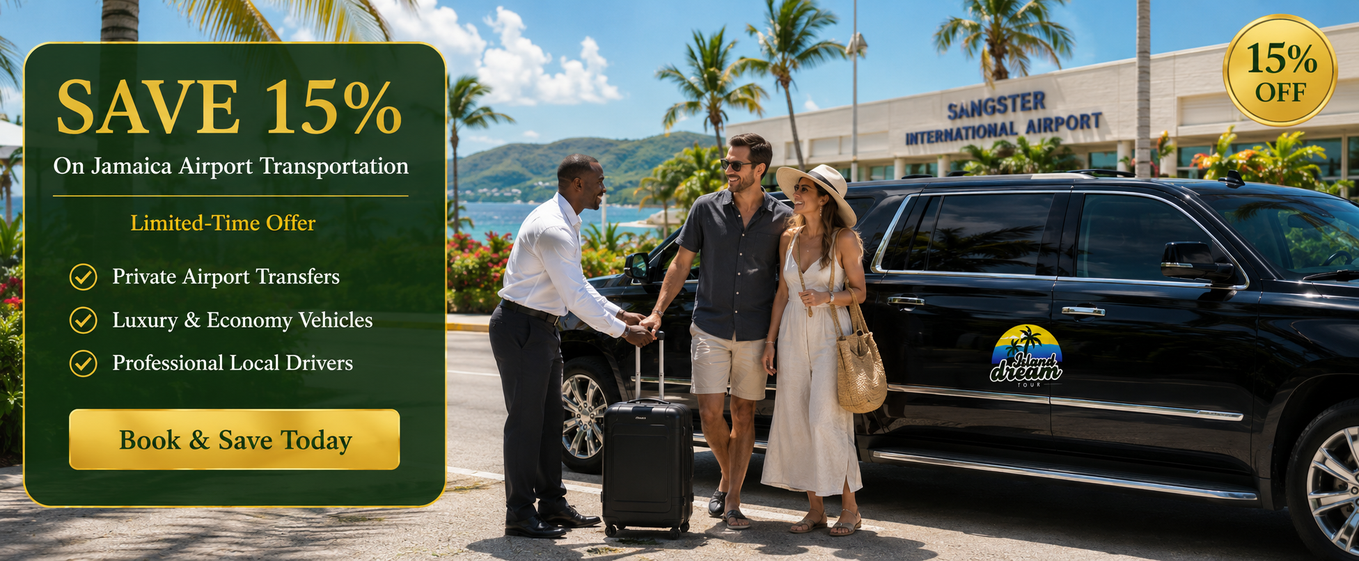 Luxury Island Dream Tour airport transfer at Sangster International Airport with a 15% discount offer on Jamaica airport transportation.