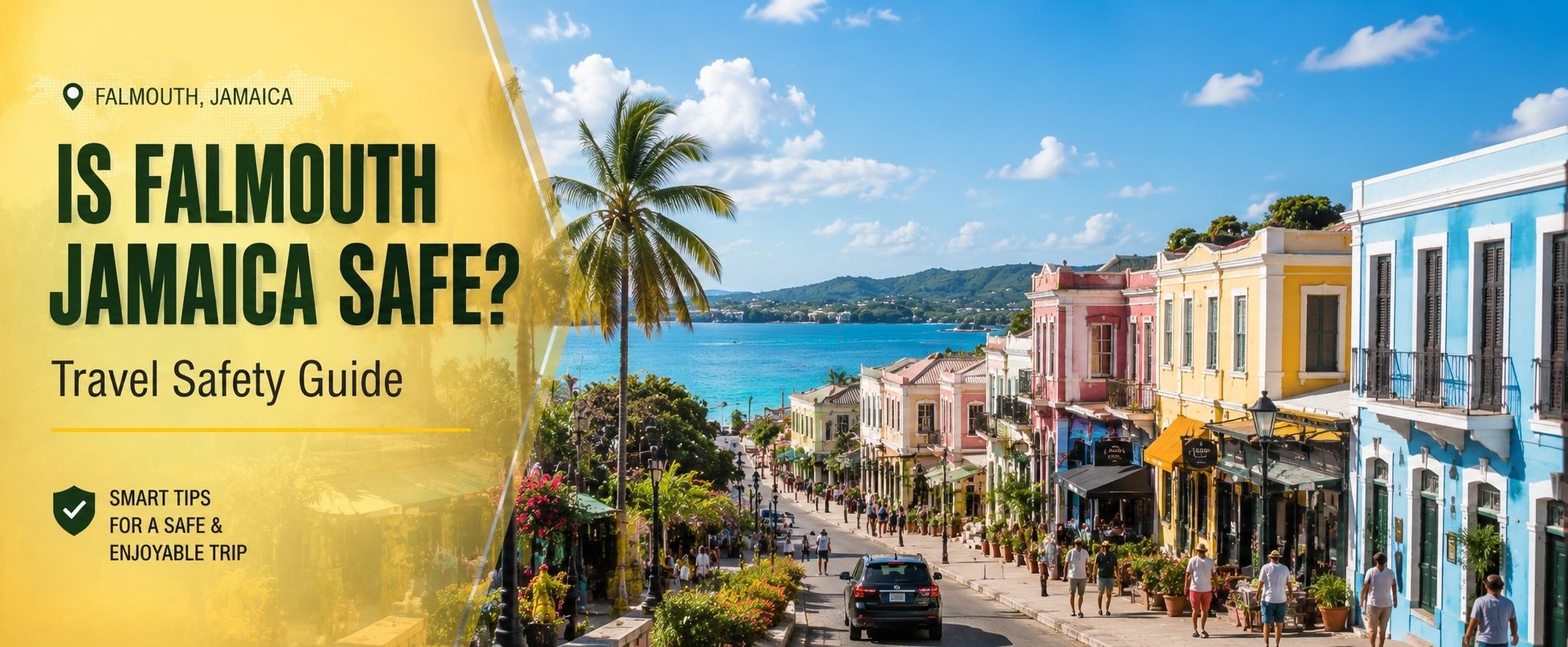 Is Falmouth Jamaica Safe? Bright historic Falmouth streets and Caribbean scenery featured in a travel safety guide.
