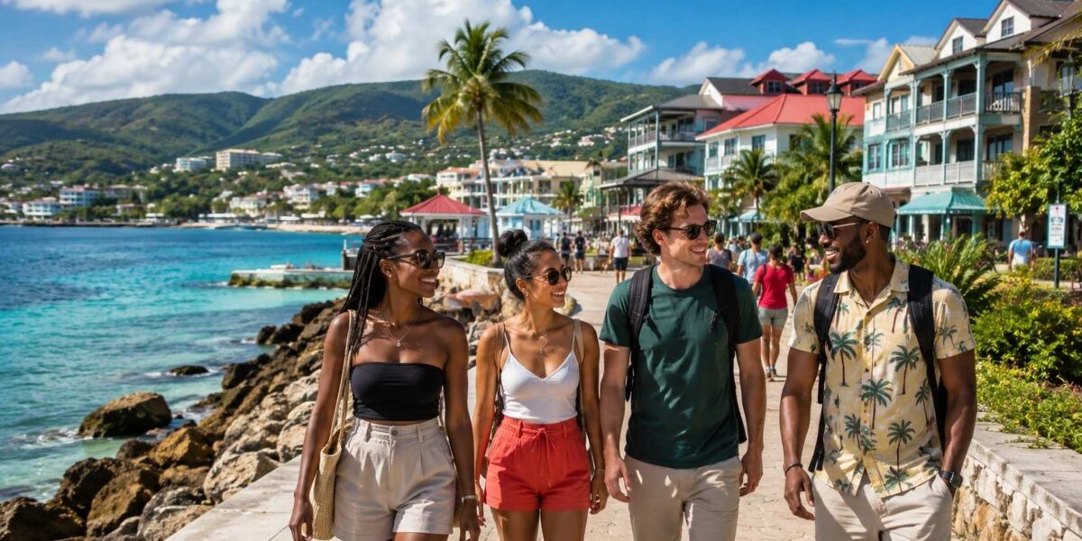 Is Jamaica Safe? Travelers enjoying a bright and relaxing vacation in Jamaica near a beautiful Caribbean waterfront.