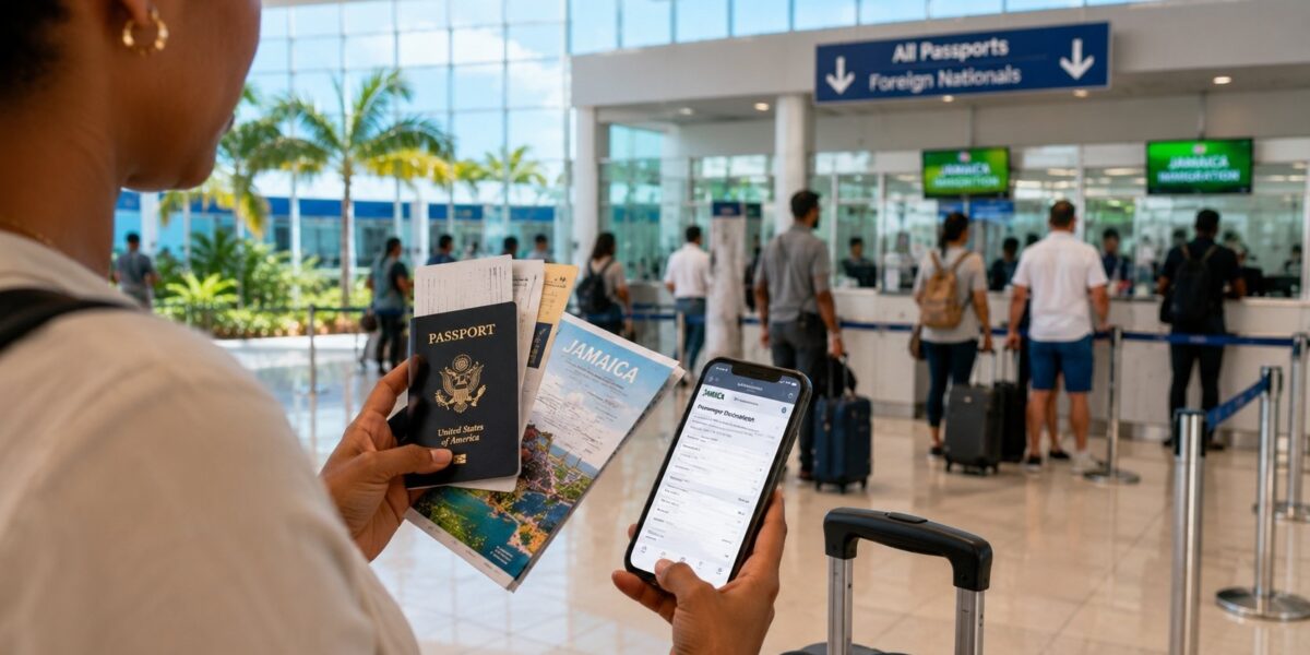  Jamaica travel requirements and advisory status with a traveler preparing documents and completing entry procedures at the airport.