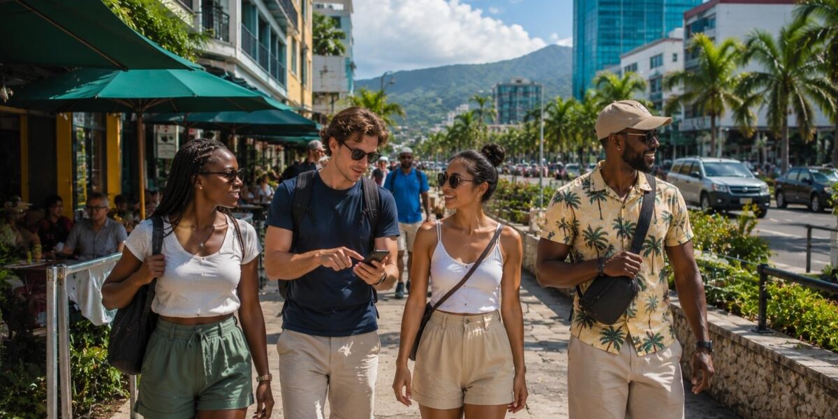 Safety tips for visiting Kingston Jamaica with travelers exploring a busy tourist area during the day.