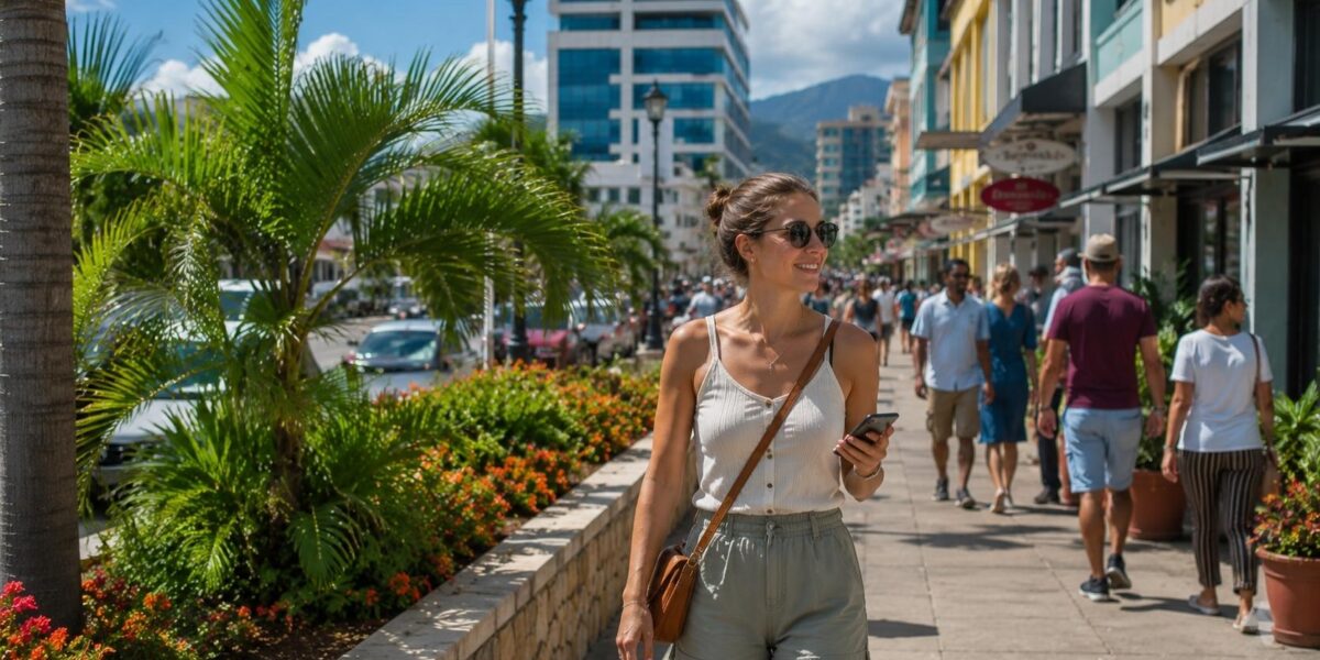 Is Kingston Jamaica Safe for solo female travelers? A woman exploring a busy Kingston tourist area during the day.