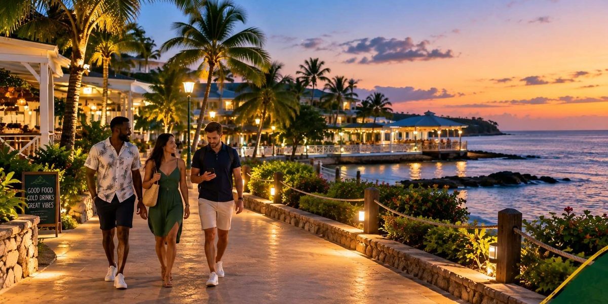 Is Runaway Bay Jamaica safe at night? Travelers walking through a well-lit resort area in Runaway Bay, Jamaica.
