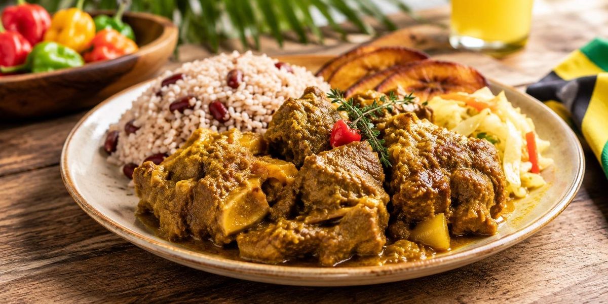 Curry goat served with rice and peas as authentic Jamaican food