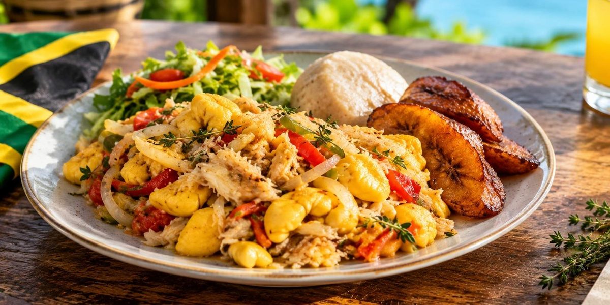 Authentic Jamaican ackee and saltfish served with fried plantain and traditional sides.