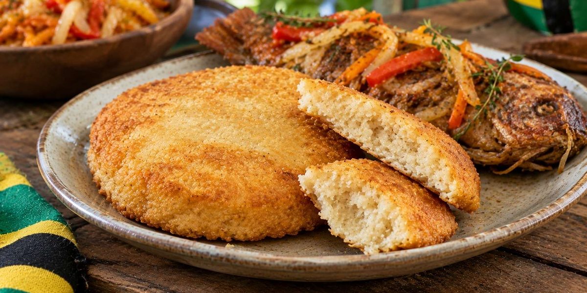Traditional bammy served as authentic Jamaican food with fried fish and traditional sides.