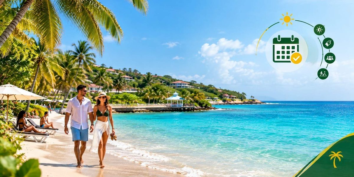 Best time to visit Jamaica with travelers enjoying sunny Caribbean weather on a tropical beach.