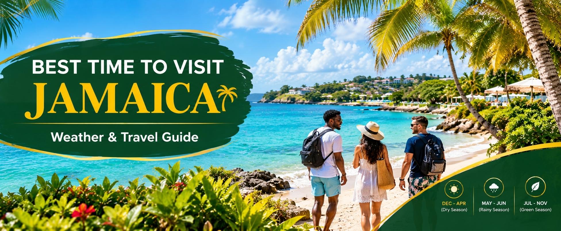 Best time to visit Jamaica with travelers enjoying a sunny Caribbean beach and tropical weather.
