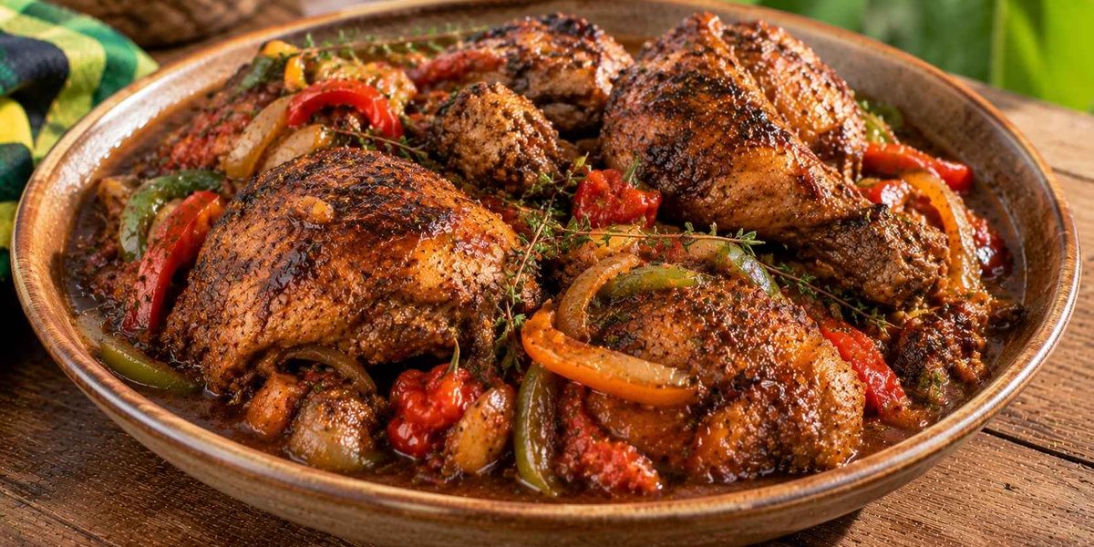 Authentic brown stew chicken, a traditional Jamaican food dish with rich brown gravy, onions, peppers, and thyme.