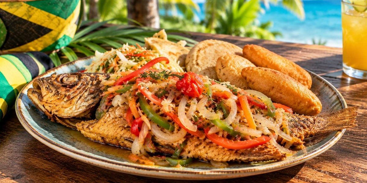 Escoveitch fish served with pickled vegetables as authentic Jamaican food.
