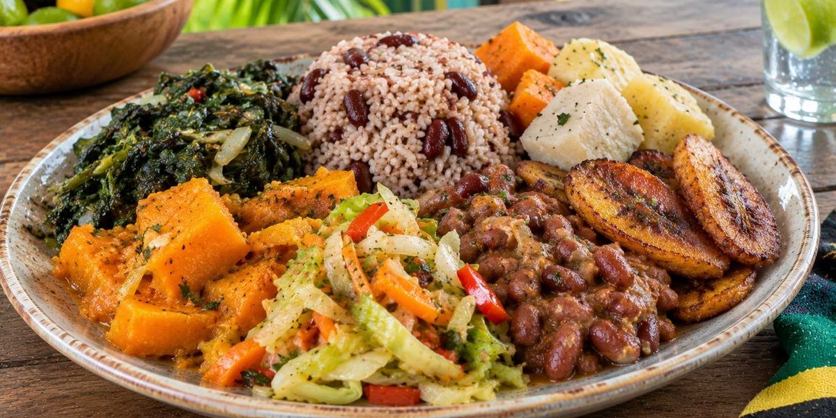 Authentic Ital food served as a traditional Jamaican meal with vegetables, beans, rice, and plantain.