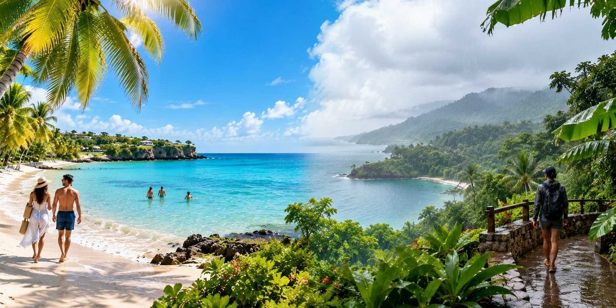 Jamaica dry season vs rainy season showing sunny beaches and lush tropical scenery in different weather conditions.