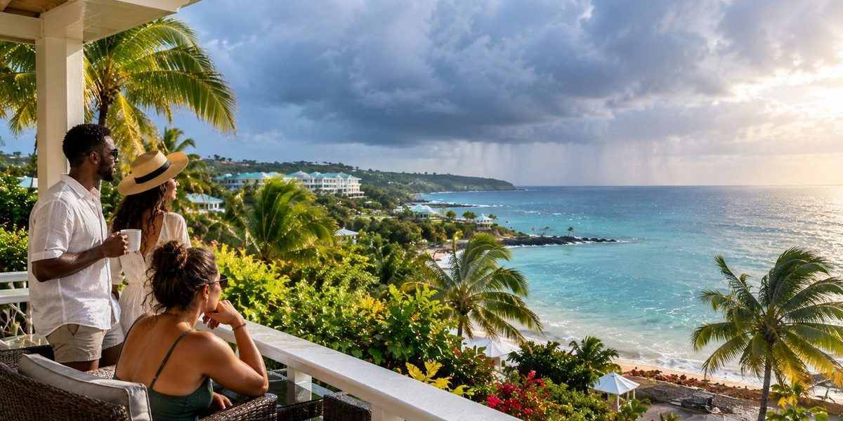 Jamaica hurricane season travel with tropical clouds, light rain, and a Caribbean coastal resort setting.