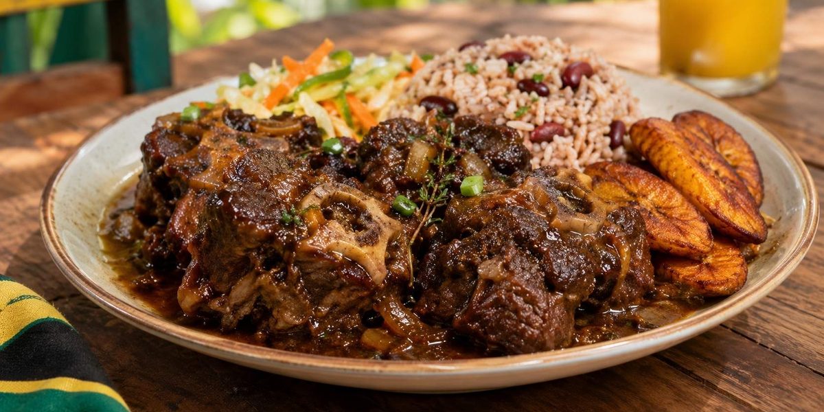 Jamaican oxtail served with rice and peas, a popular Jamaican food and traditional Jamaican meal.