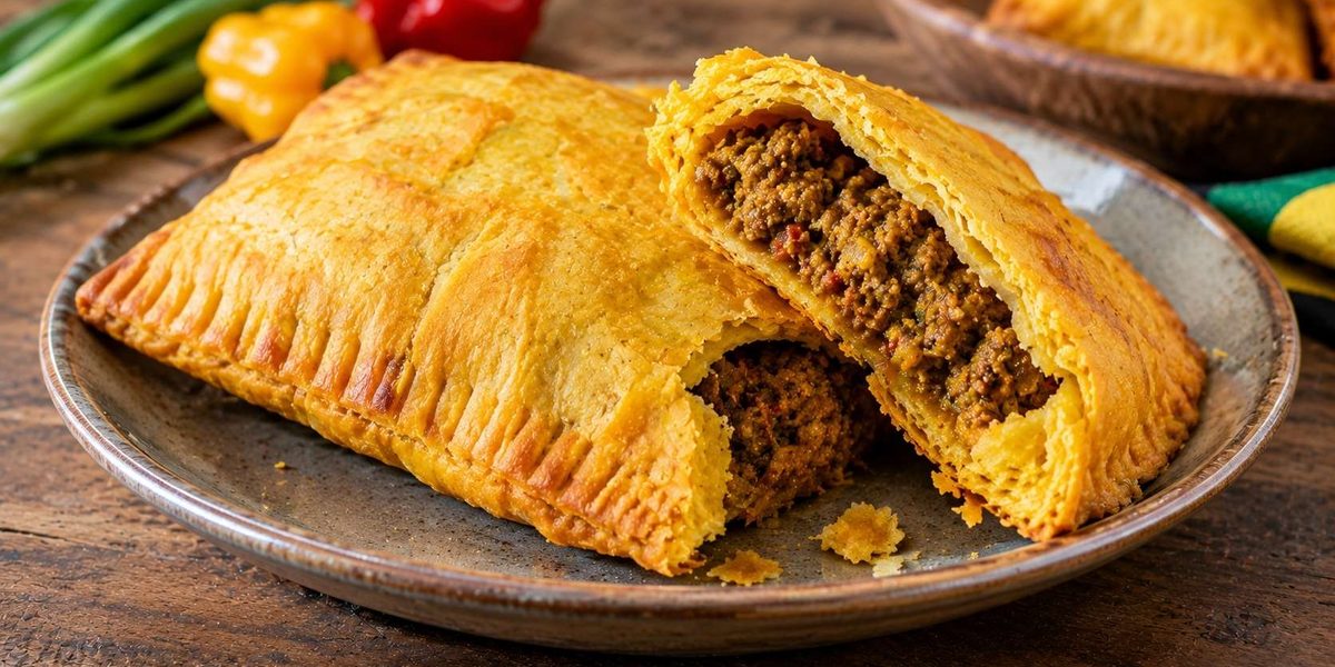 Authentic Jamaican patty served as a popular Jamaican food with flaky pastry and seasoned beef filling.