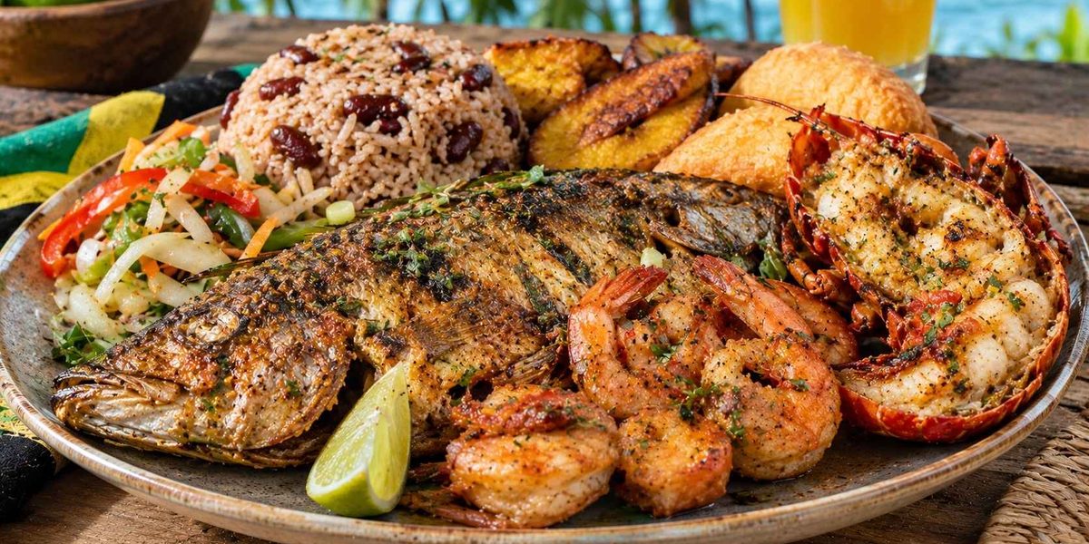 Authentic Jamaican food featuring grilled fish, shrimp, lobster, rice and peas, and fried plantain.