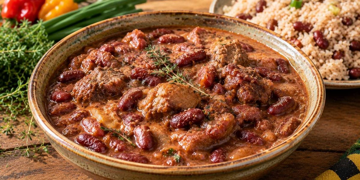 Authentic Jamaican Stew Peas, a traditional Jamaican food made with kidney beans, meat, and coconut milk.