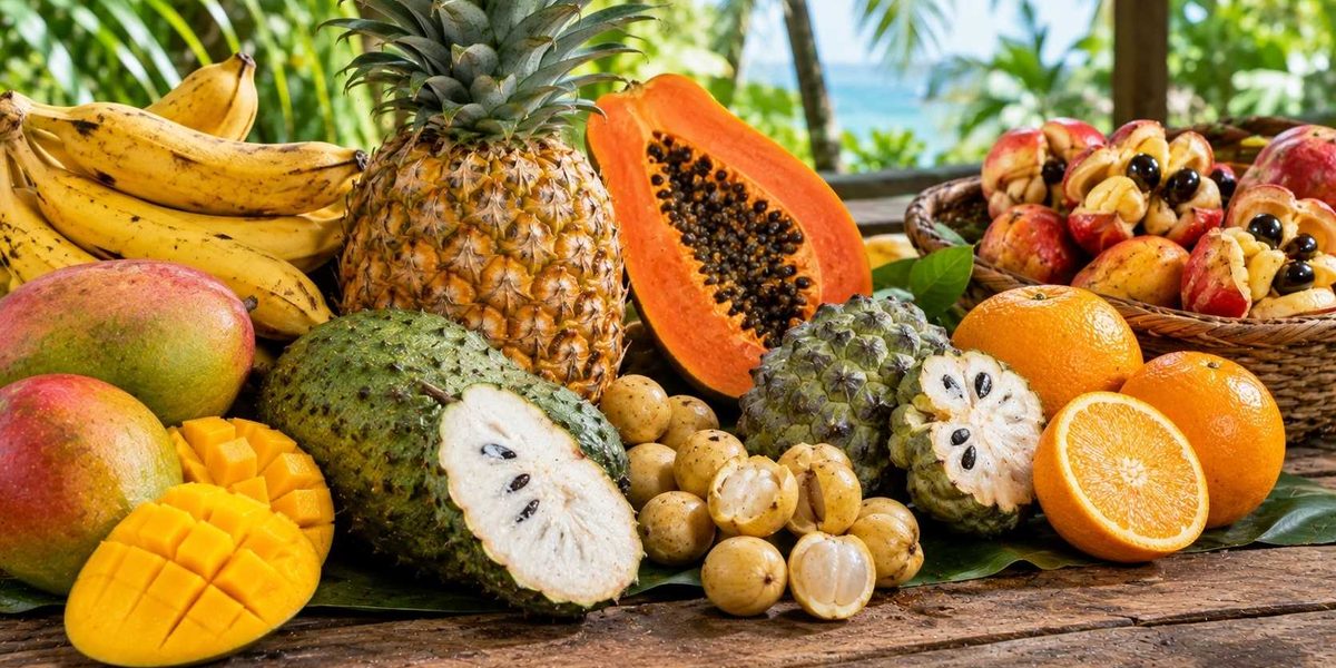 Fresh Jamaican foods including mangoes, pineapple, papaya, soursop, guineps, ortaniques, sweetsop, bananas and ackee.