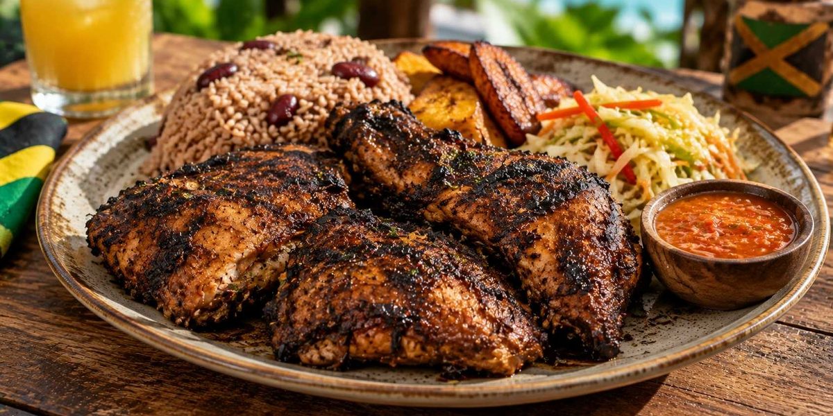 Jerk chicken served with rice and peas as authentic Jamaican food