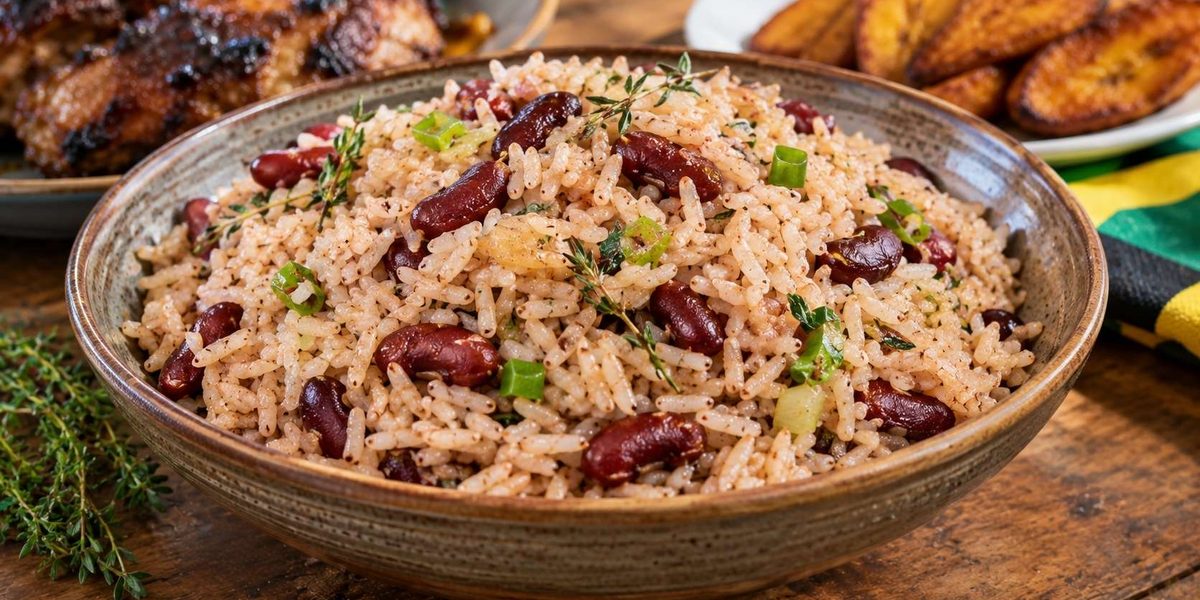 Rice and peas, a traditional Jamaican food served with kidney beans and coconut-seasoned rice.